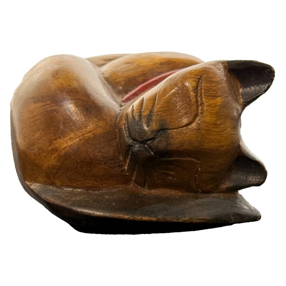 Wood Siamese Cat Curled Up Sleeping Wooden Hand Carved Figurine Thai Folk Art